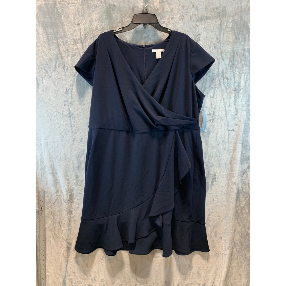 London Times Woman Navy Blue Ruffle Faux Wrap Dress T6702W Plus Size 20W NEW